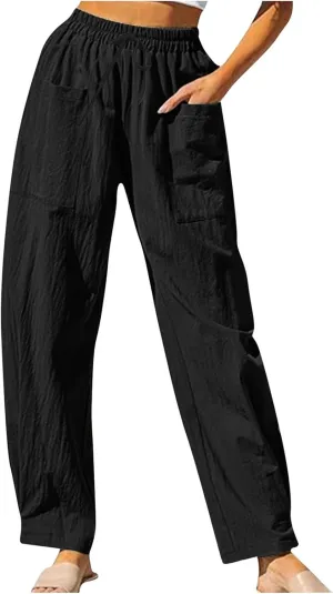High Waisted Linen Pants Women Straight Leg Summer Beach Trousers with Side Pockets Drawstring Elastic Waist Pant