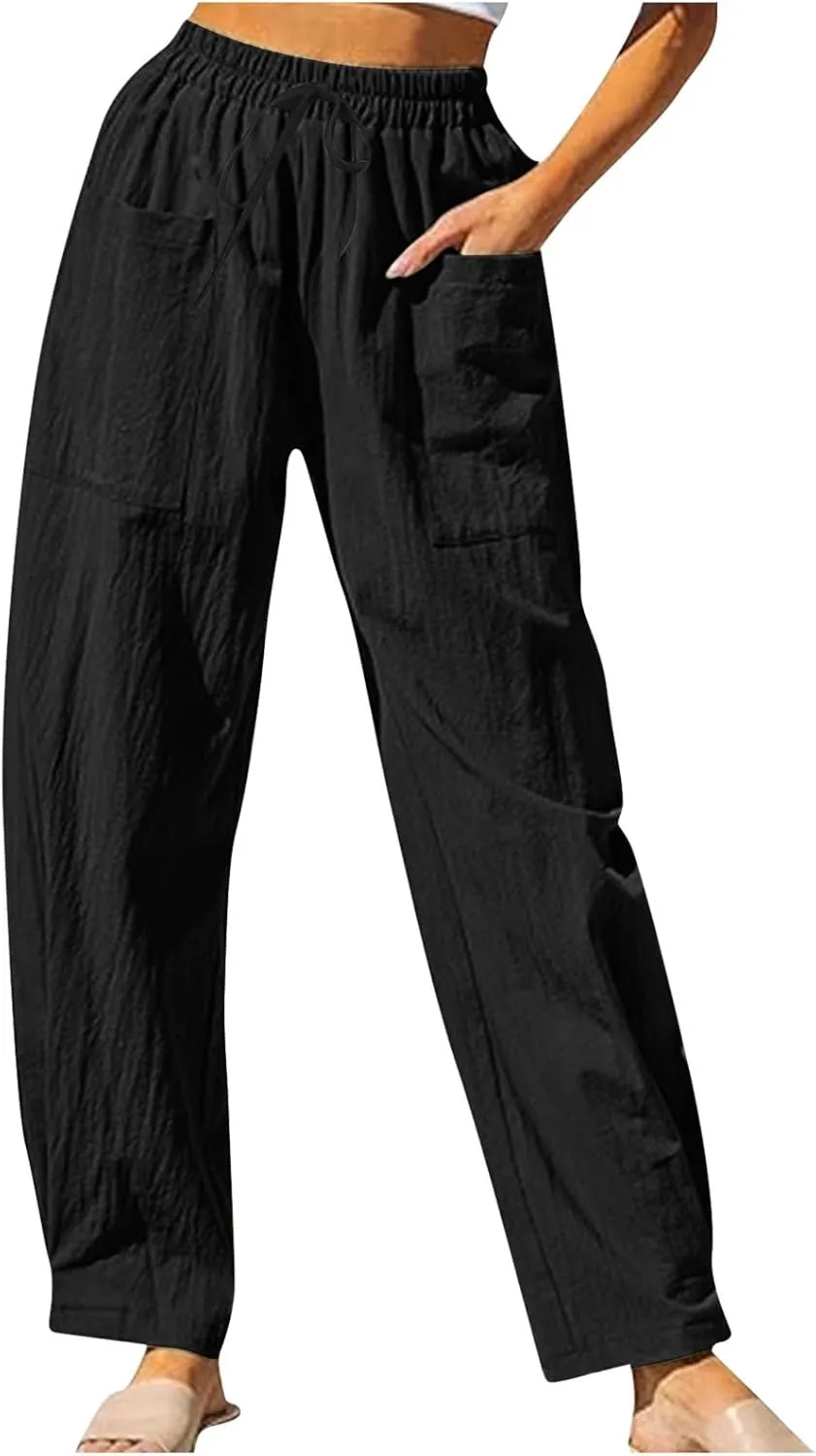 High Waisted Linen Pants Women Straight Leg Summer Beach Trousers with Side Pockets Drawstring Elastic Waist Pant