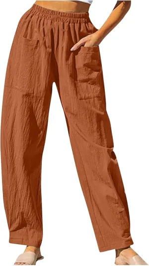 High Waisted Linen Pants Women Straight Leg Summer Beach Trousers with Side Pockets Drawstring Elastic Waist Pant