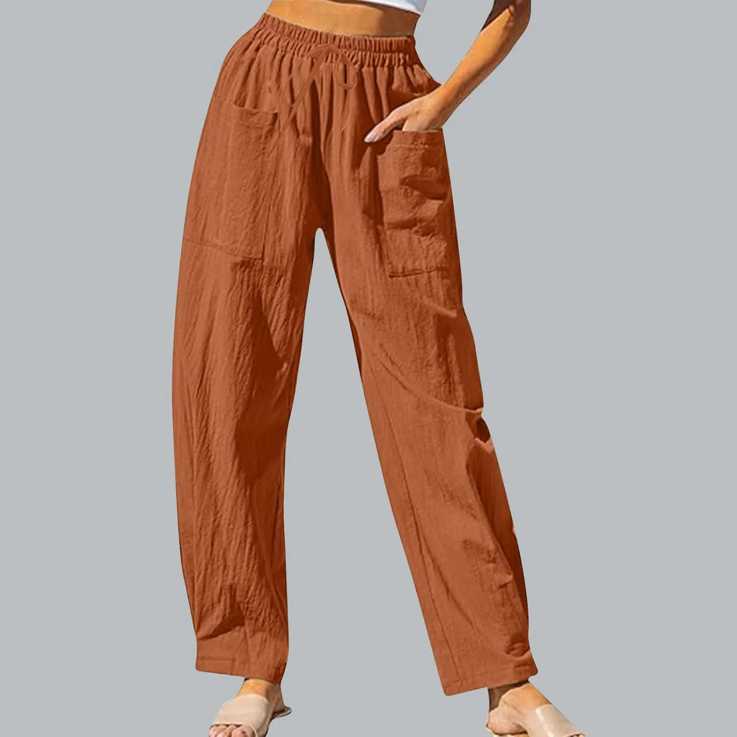 High Waisted Linen Pants Women Straight Leg Summer Beach Trousers with Side Pockets Drawstring Elastic Waist Pant