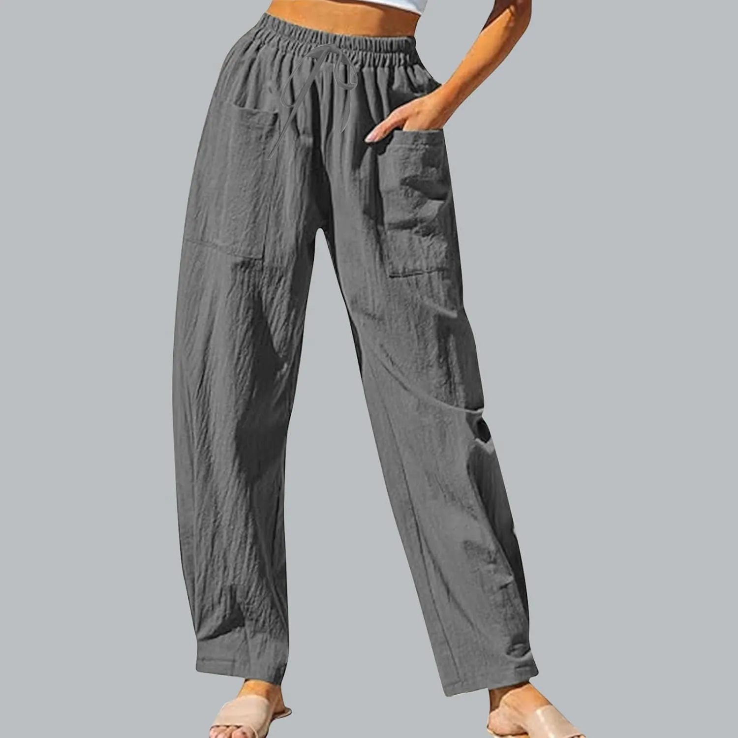 High Waisted Linen Pants Women Straight Leg Summer Beach Trousers with Side Pockets Drawstring Elastic Waist Pant