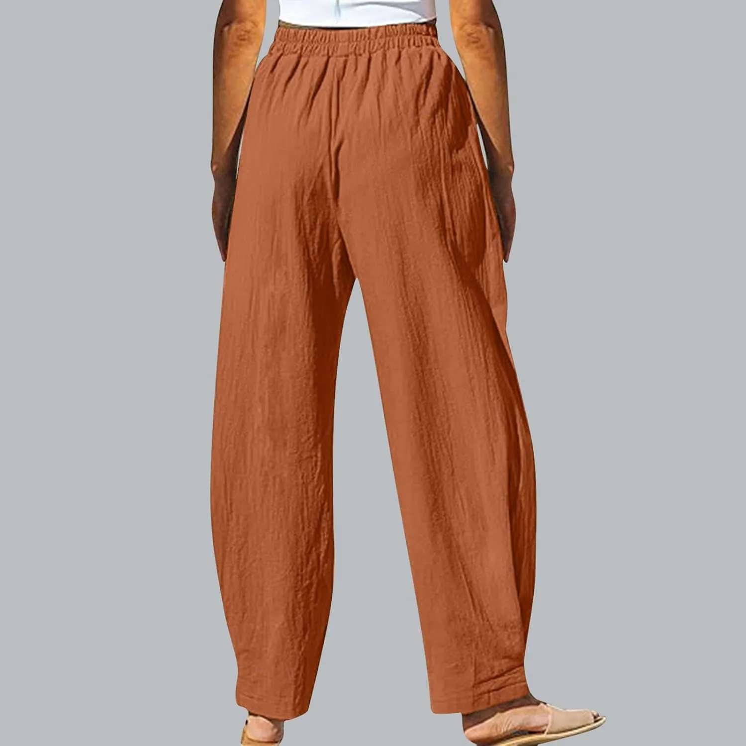 High Waisted Linen Pants Women Straight Leg Summer Beach Trousers with Side Pockets Drawstring Elastic Waist Pant
