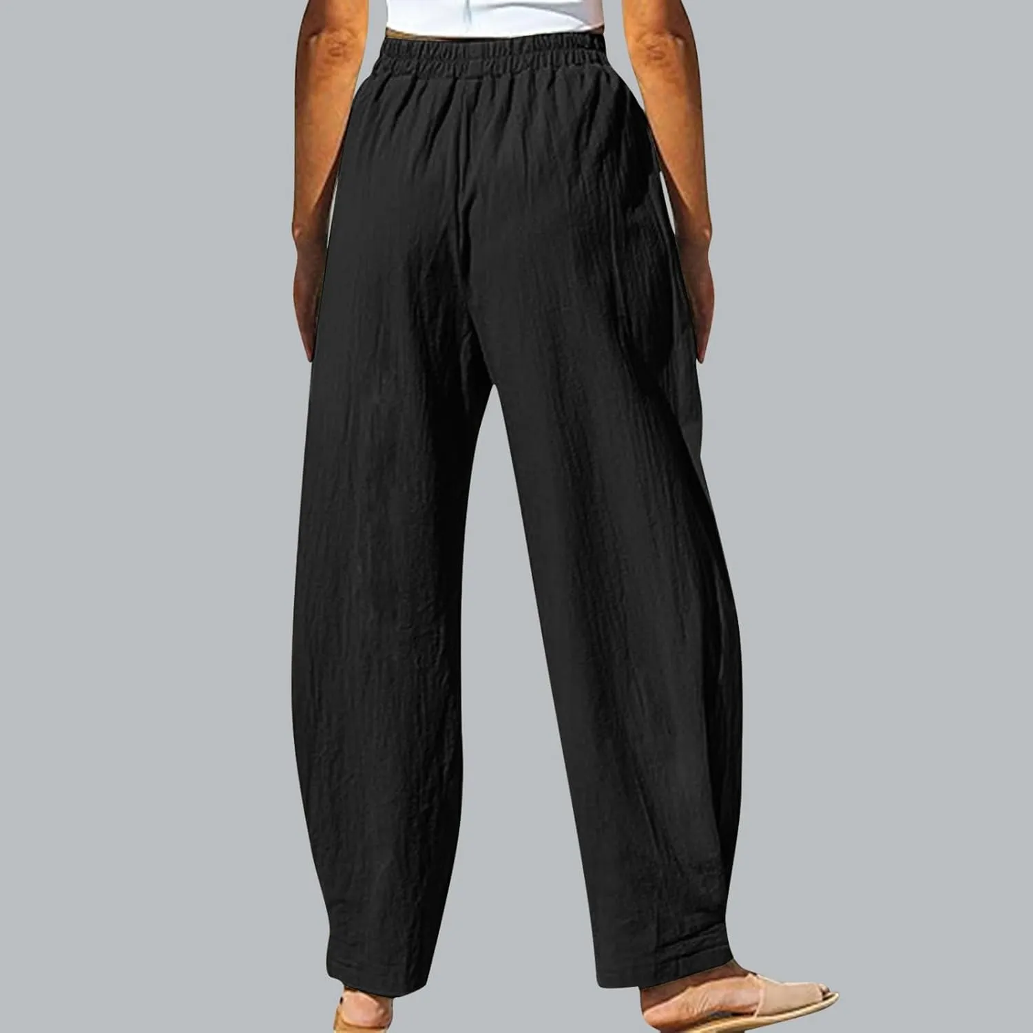 High Waisted Linen Pants Women Straight Leg Summer Beach Trousers with Side Pockets Drawstring Elastic Waist Pant