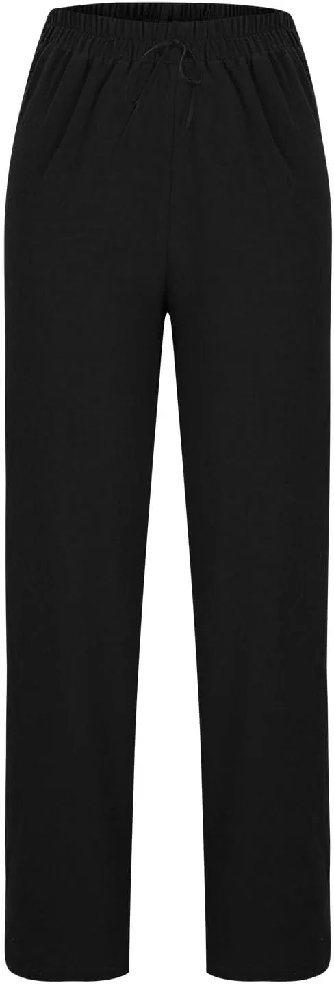 High Waisted Linen Pants Women Straight Leg Summer Beach Trousers with Side Pockets Drawstring Elastic Waist Pant