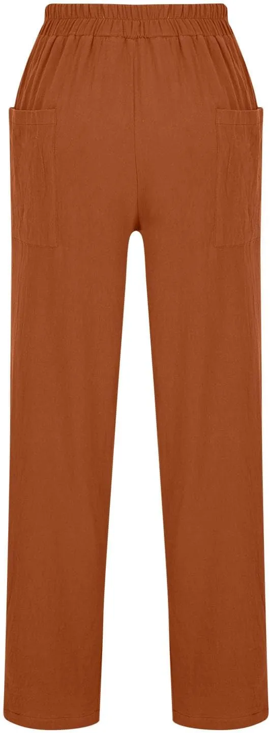 High Waisted Linen Pants Women Straight Leg Summer Beach Trousers with Side Pockets Drawstring Elastic Waist Pant
