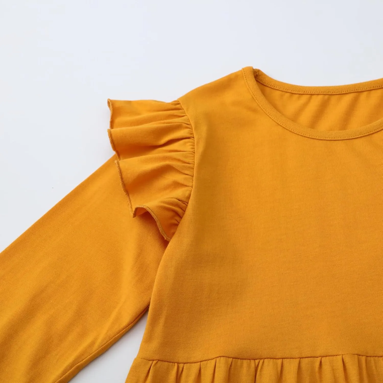 HILEELANG Girl Long Sleeve Dress Ruffle Solid Color Cotton Casual Tiered Pleated Twirly Dress
