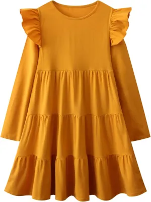 HILEELANG Girl Long Sleeve Dress Ruffle Solid Color Cotton Casual Tiered Pleated Twirly Dress