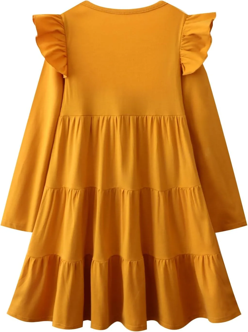 HILEELANG Girl Long Sleeve Dress Ruffle Solid Color Cotton Casual Tiered Pleated Twirly Dress