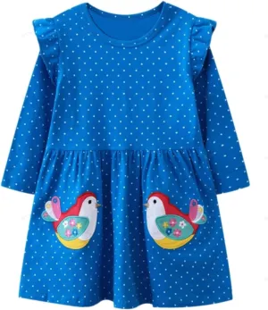 HILEELANG Toddler Girl Long Sleeve Dress Cotton Casual Jersey Shirt Playwear Applique Dress