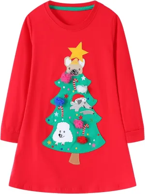 HILEELANG Toddler Girl Long Sleeve Dress Cotton Casual Jersey Shirt Playwear Applique Dress