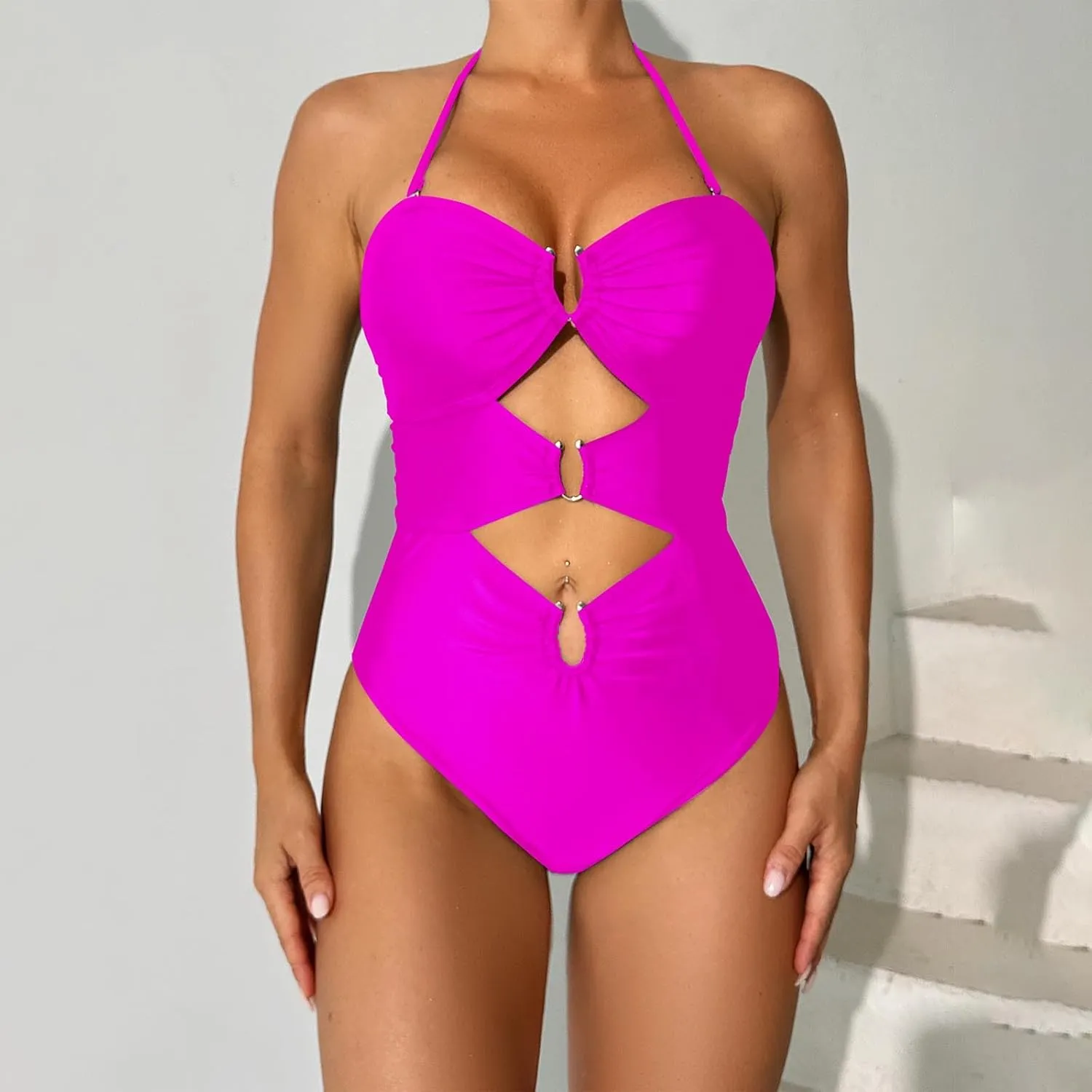 hlysgo One Piece Swimsuit for Women Tummy Control Hollow Out Halter Bathing Suit High Cut Beach Backless Monokini Swimwear