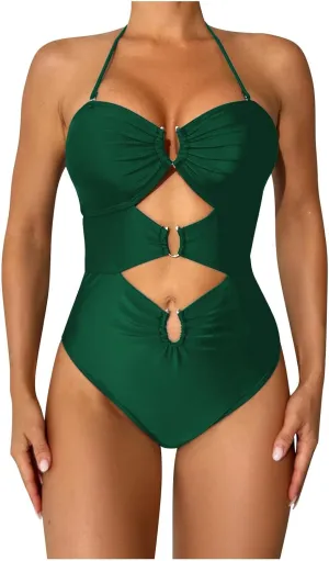 hlysgo One Piece Swimsuit for Women Tummy Control Hollow Out Halter Bathing Suit High Cut Beach Backless Monokini Swimwear
