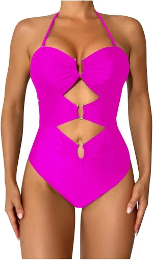 hlysgo One Piece Swimsuit for Women Tummy Control Hollow Out Halter Bathing Suit High Cut Beach Backless Monokini Swimwear