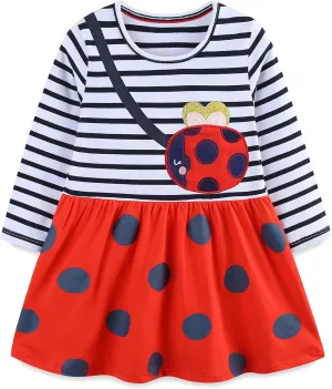 Hongshilian Girls Cotton Long Sleeve Dress Casual Cartoon Appliques Party Dresses
