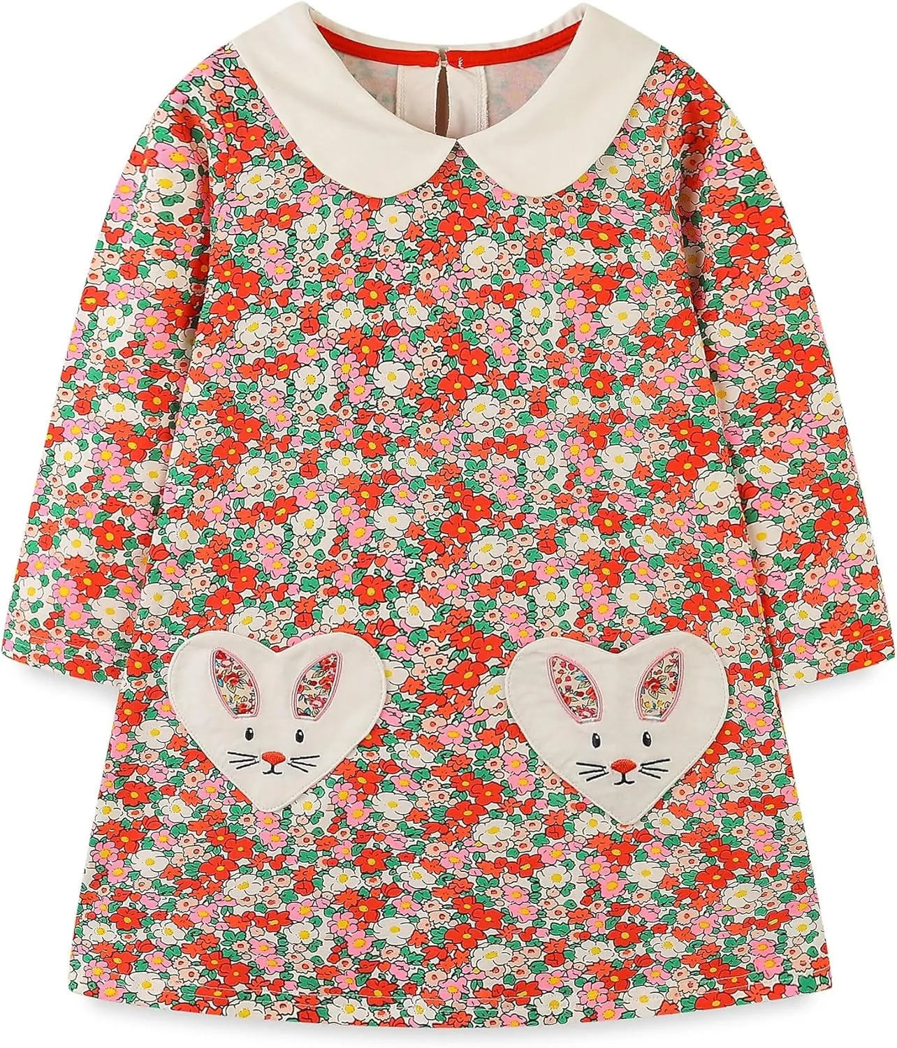 Hongshilian Girls Cotton Long Sleeve Dress Casual Cartoon Appliques Party Dresses