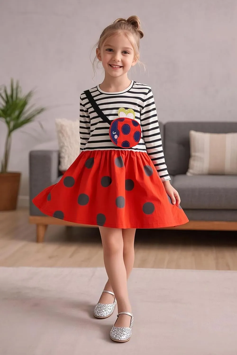 Hongshilian Girls Cotton Long Sleeve Dress Casual Cartoon Appliques Party Dresses