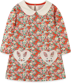Hongshilian Girls Cotton Long Sleeve Dress Casual Cartoon Appliques Party Dresses