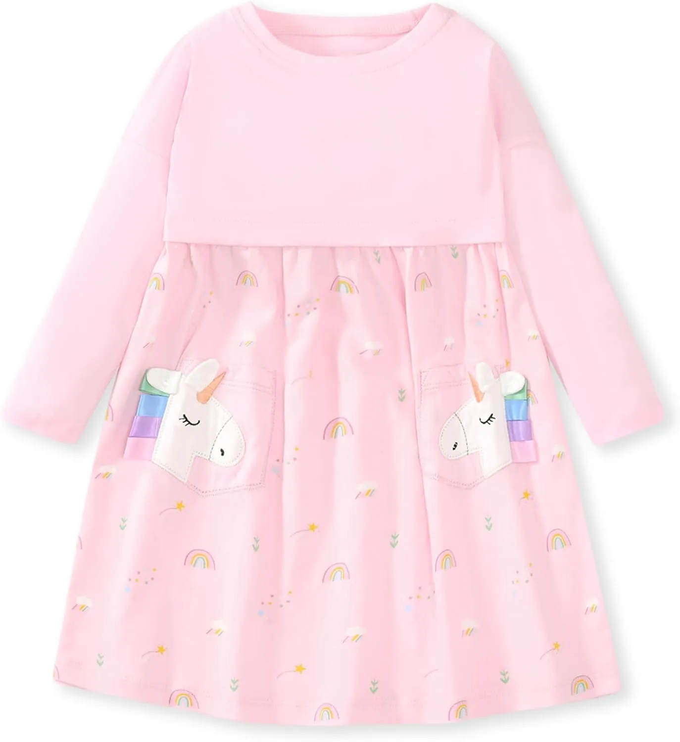 Hongshilian Girls Cotton Long Sleeve Dress Casual Cartoon Appliques Party Dresses