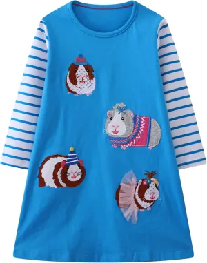 Hongshilian Girls Cotton Long Sleeve Dress Casual Cartoon Appliques Party Dresses