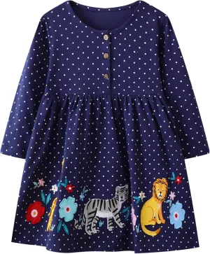 Hongshilian Girls Cotton Long Sleeve Dress Casual Cartoon Appliques Party Dresses