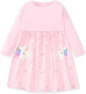 Hongshilian Girls Cotton Long Sleeve Dress Casual Cartoon Appliques Party Dresses