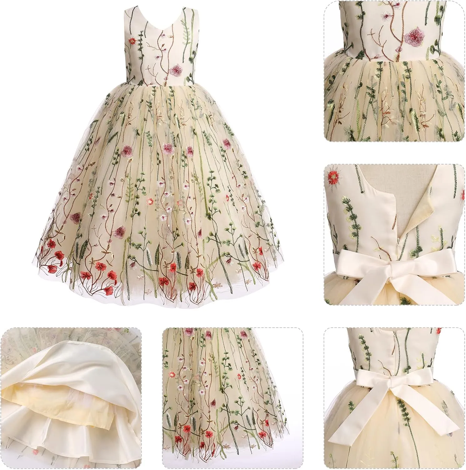 IBTOM CASTLE Flower Girls Tutu Dress Kids Embroidered Wedding Bridesmaid Dress Girl Pirncess Birthday Party Dress Ball Gown