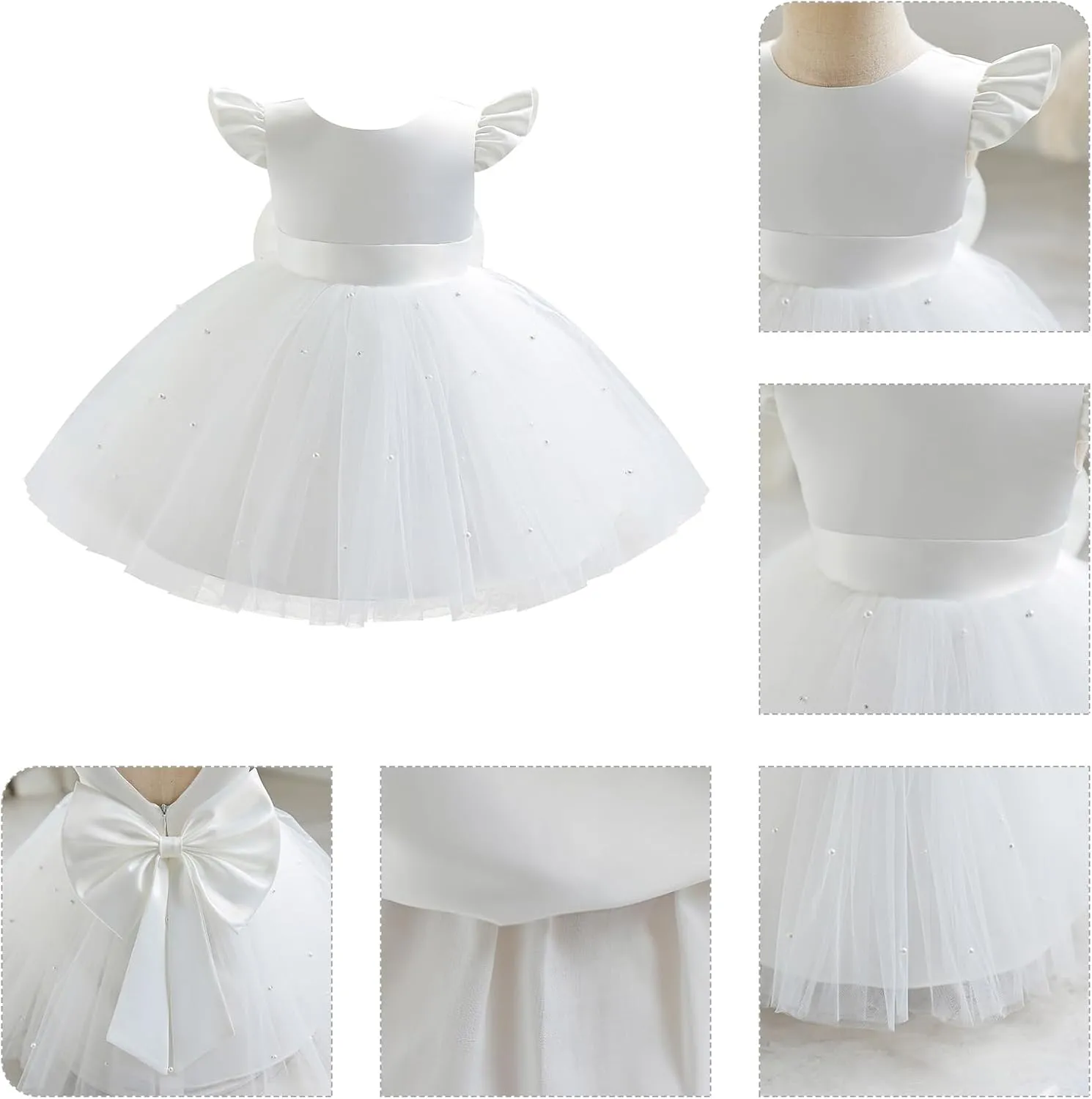 IBTOM CASTLE Infant Baby Flower Girl Dress Satin Pearls Tulle Bowknot Princess Birthday Party Pageant Tutu Dress