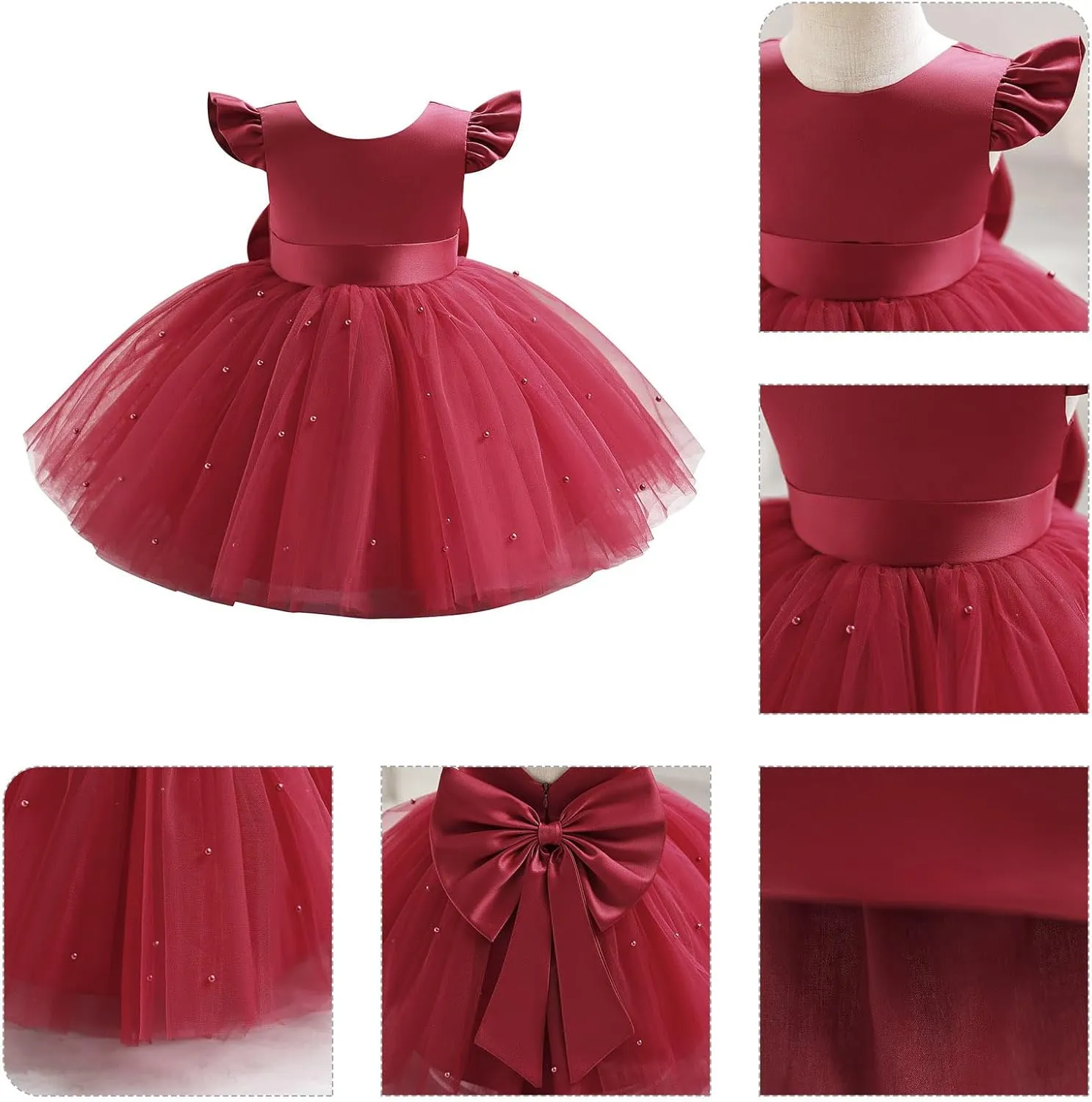 IBTOM CASTLE Infant Baby Flower Girl Dress Satin Pearls Tulle Bowknot Princess Birthday Party Pageant Tutu Dress