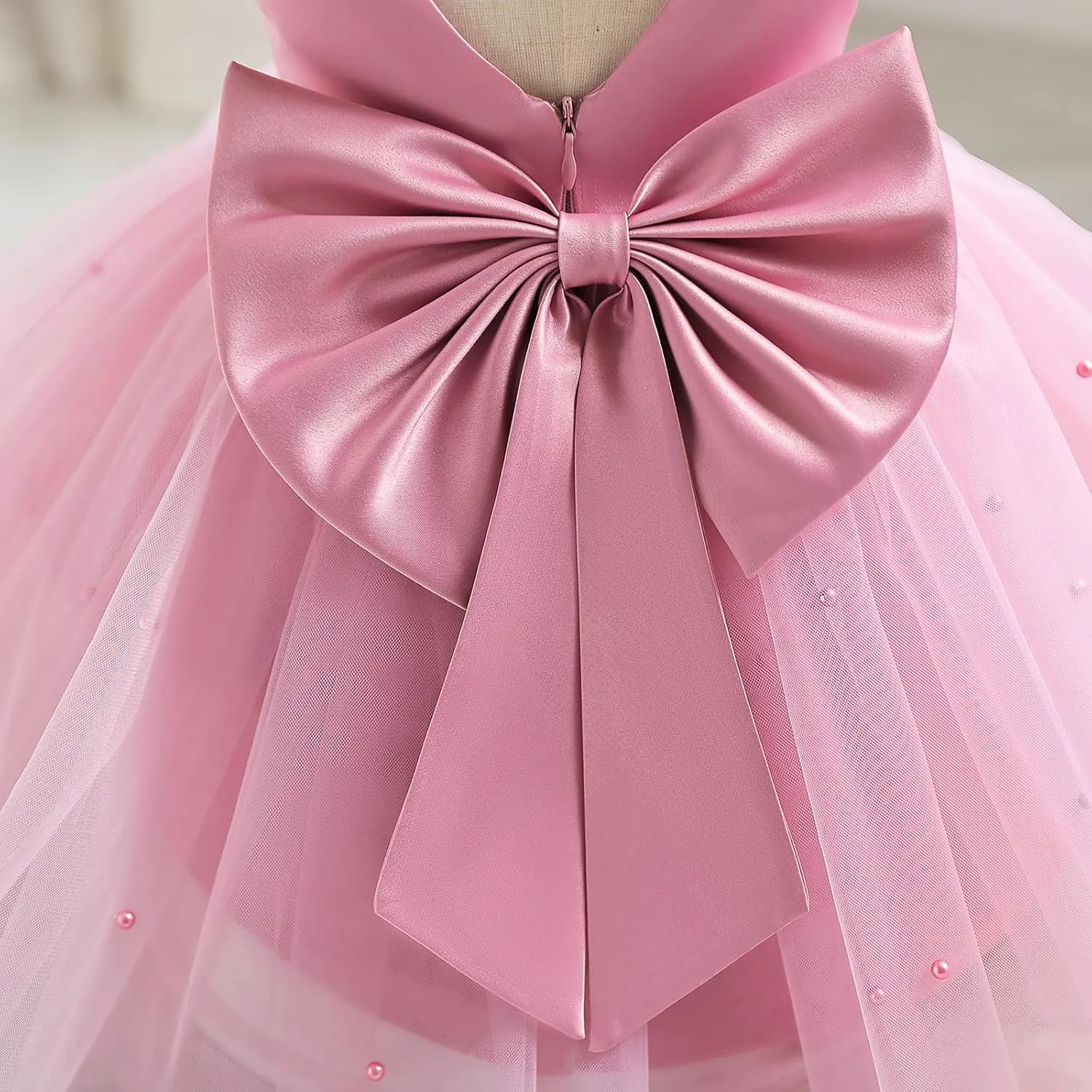 IBTOM CASTLE Infant Baby Flower Girl Dress Satin Pearls Tulle Bowknot Princess Birthday Party Pageant Tutu Dress