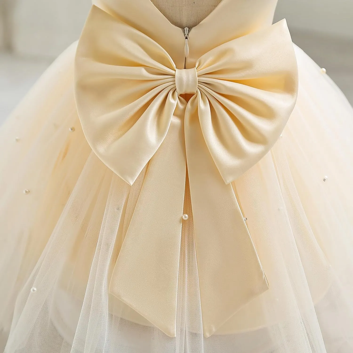 IBTOM CASTLE Infant Baby Flower Girl Dress Satin Pearls Tulle Bowknot Princess Birthday Party Pageant Tutu Dress