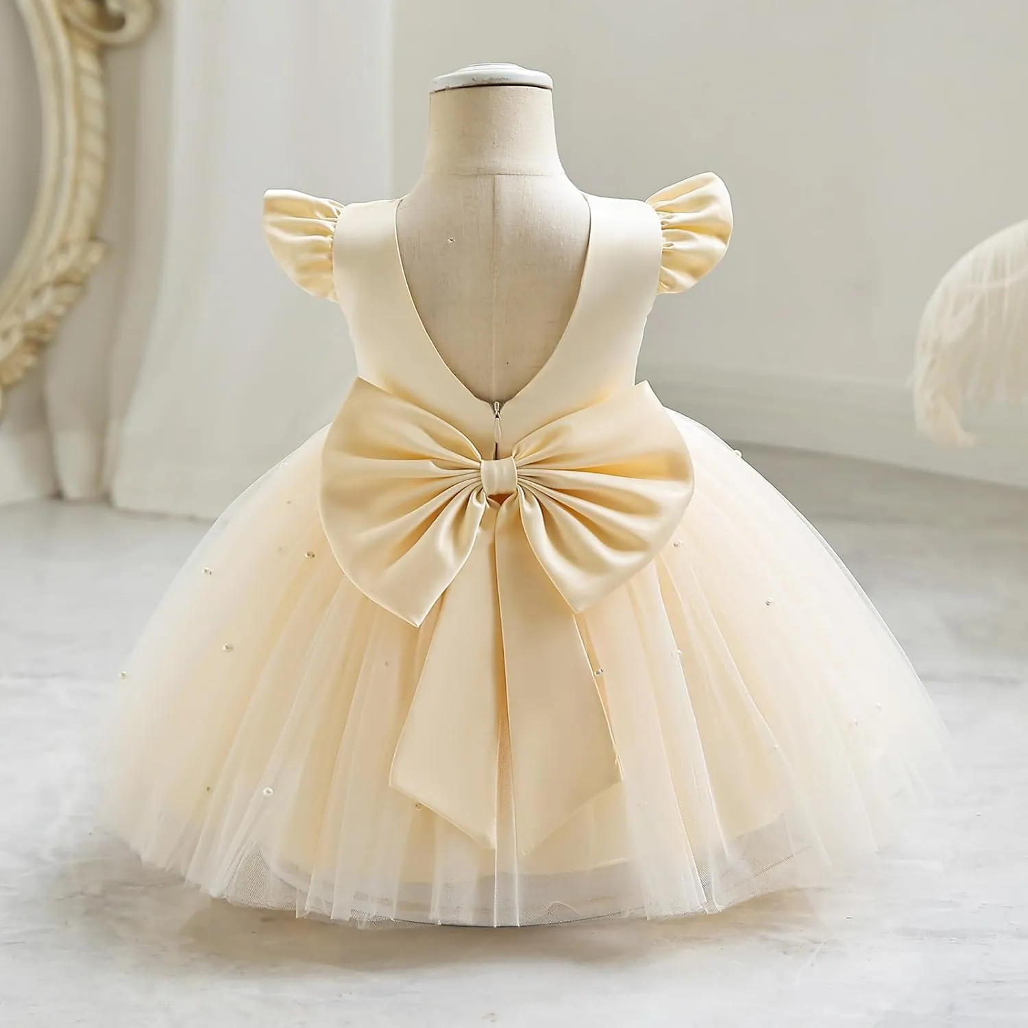 IBTOM CASTLE Infant Baby Flower Girl Dress Satin Pearls Tulle Bowknot Princess Birthday Party Pageant Tutu Dress
