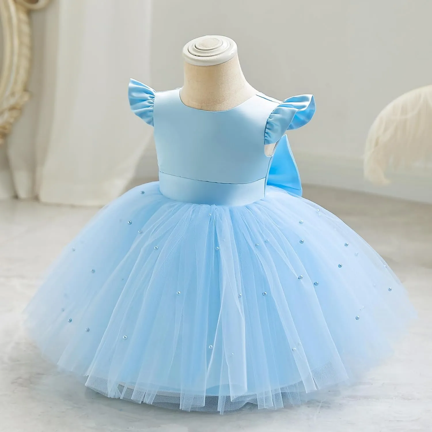 IBTOM CASTLE Infant Baby Flower Girl Dress Satin Pearls Tulle Bowknot Princess Birthday Party Pageant Tutu Dress