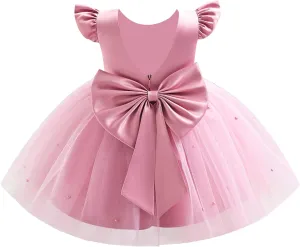 IBTOM CASTLE Infant Baby Flower Girl Dress Satin Pearls Tulle Bowknot Princess Birthday Party Pageant Tutu Dress