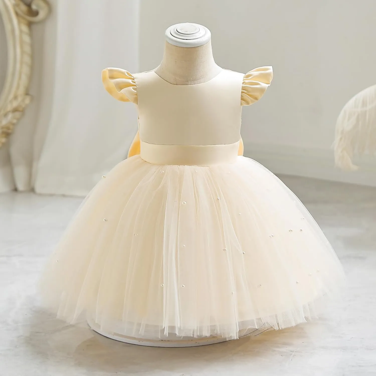 IBTOM CASTLE Infant Baby Flower Girl Dress Satin Pearls Tulle Bowknot Princess Birthday Party Pageant Tutu Dress