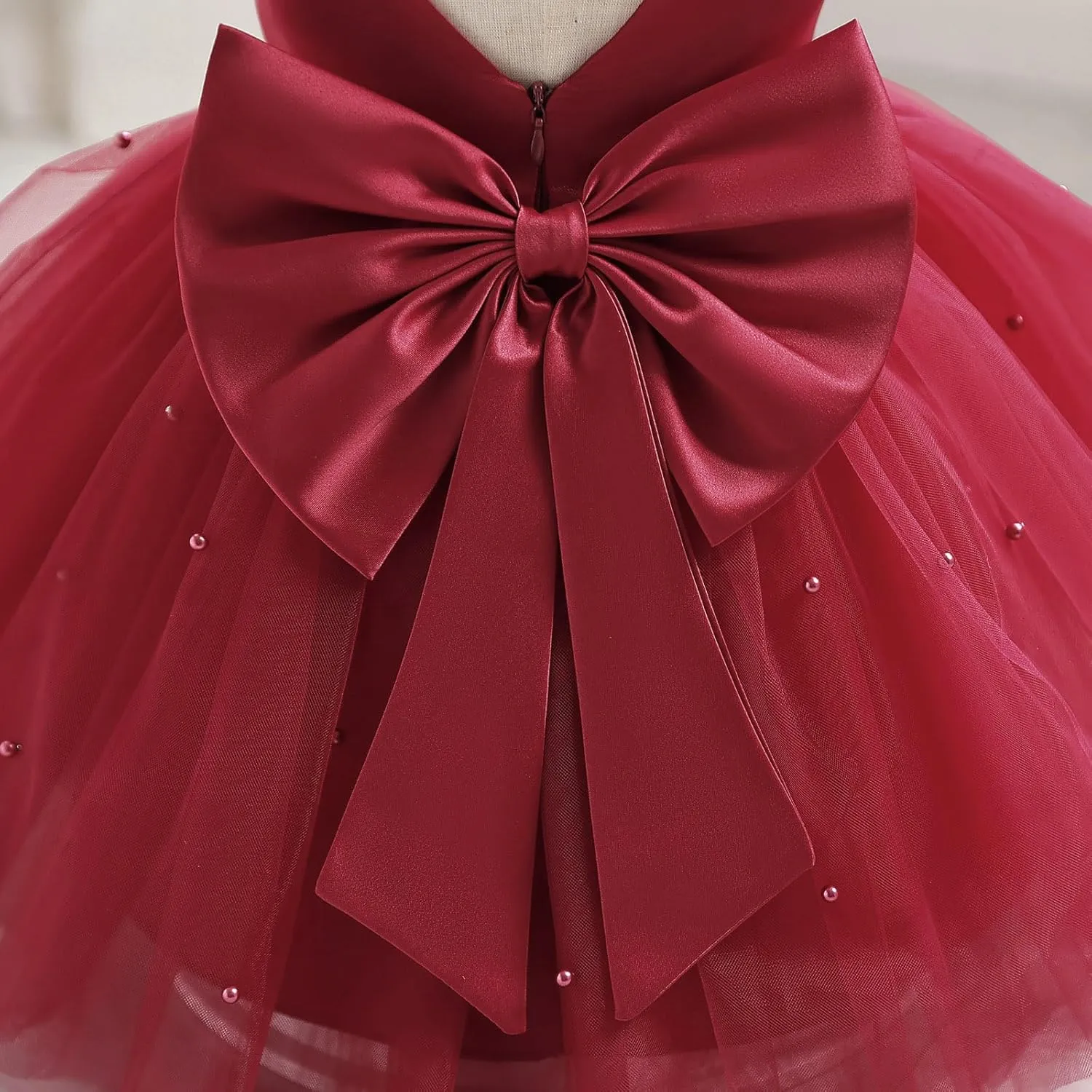 IBTOM CASTLE Infant Baby Flower Girl Dress Satin Pearls Tulle Bowknot Princess Birthday Party Pageant Tutu Dress