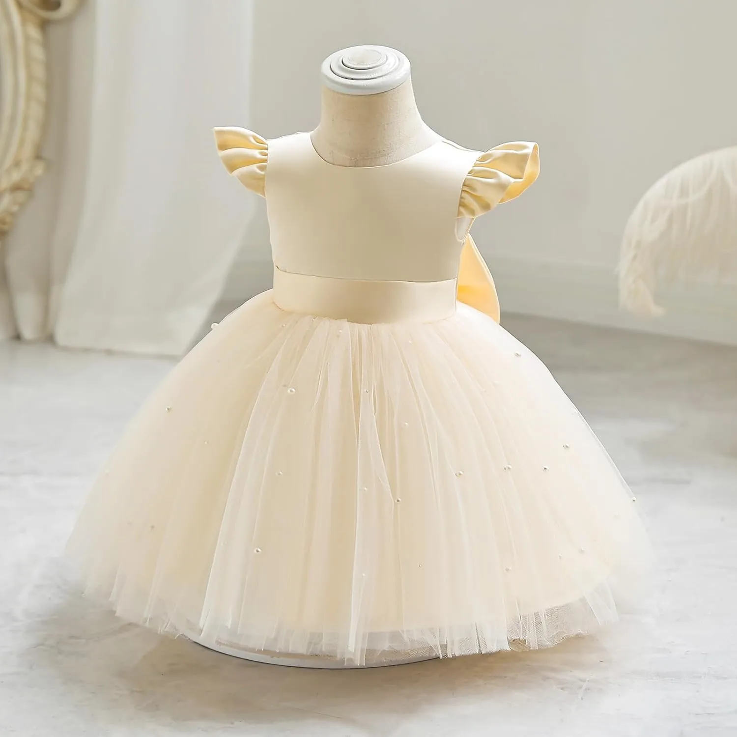 IBTOM CASTLE Infant Baby Flower Girl Dress Satin Pearls Tulle Bowknot Princess Birthday Party Pageant Tutu Dress