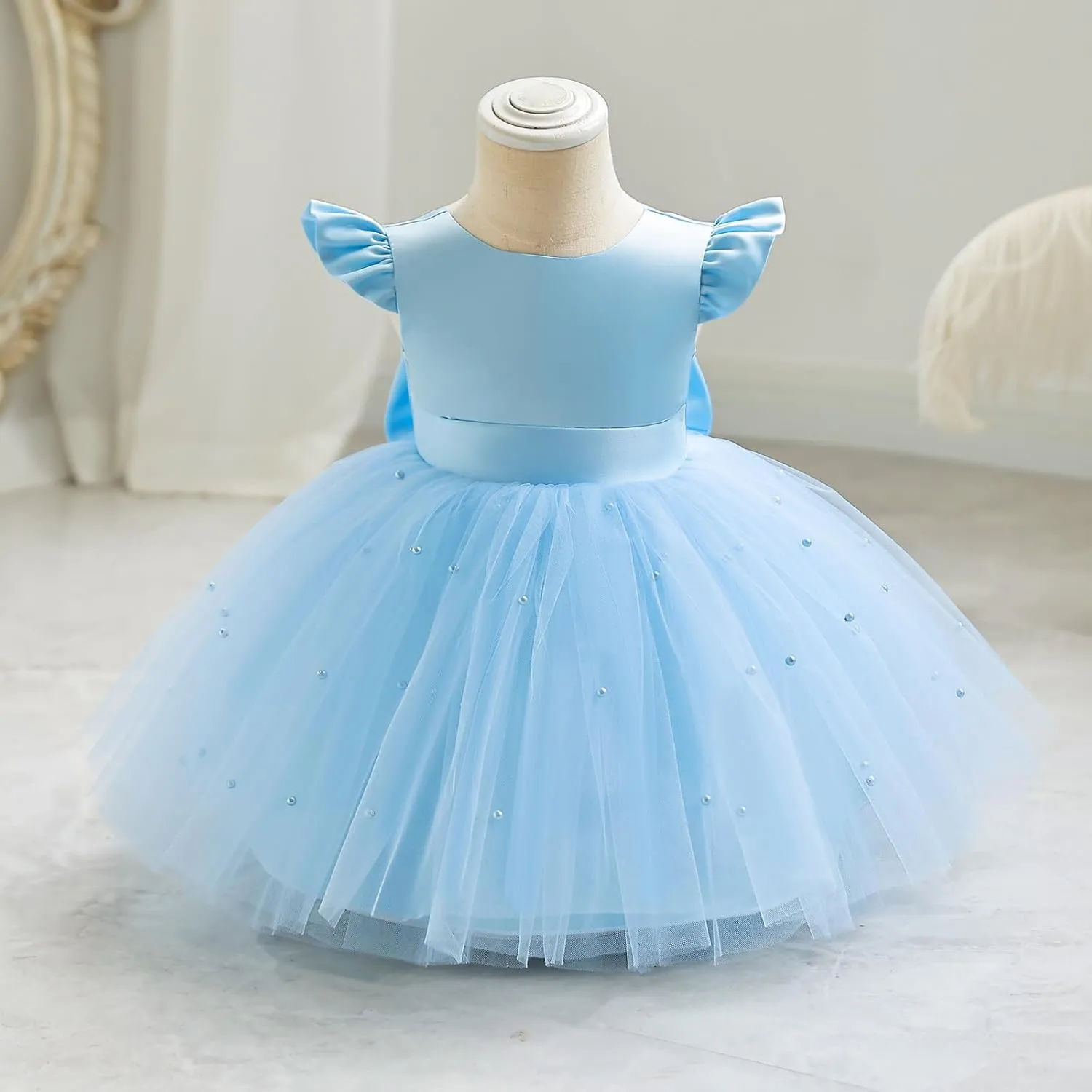 IBTOM CASTLE Infant Baby Flower Girl Dress Satin Pearls Tulle Bowknot Princess Birthday Party Pageant Tutu Dress