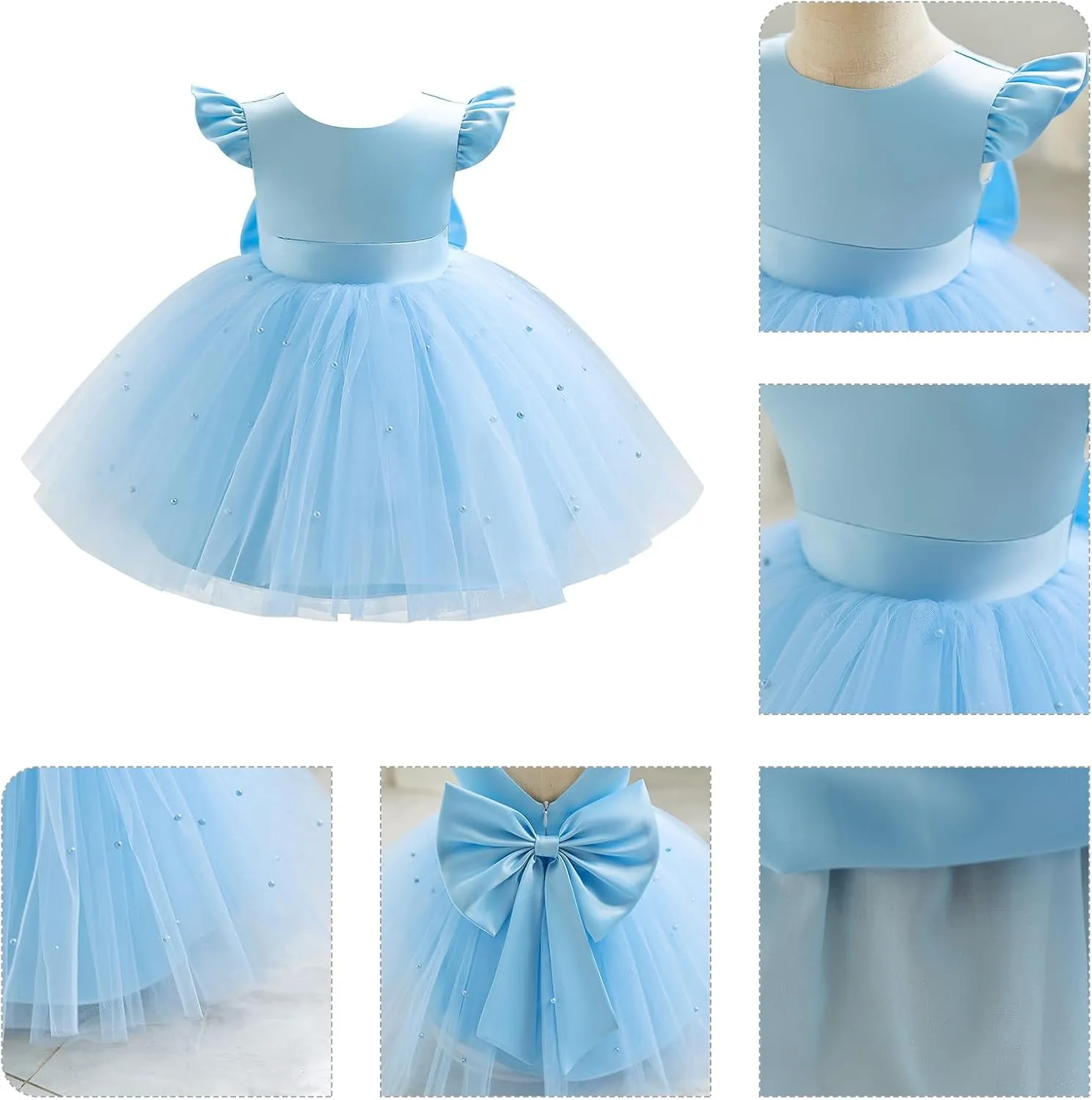 IBTOM CASTLE Infant Baby Flower Girl Dress Satin Pearls Tulle Bowknot Princess Birthday Party Pageant Tutu Dress