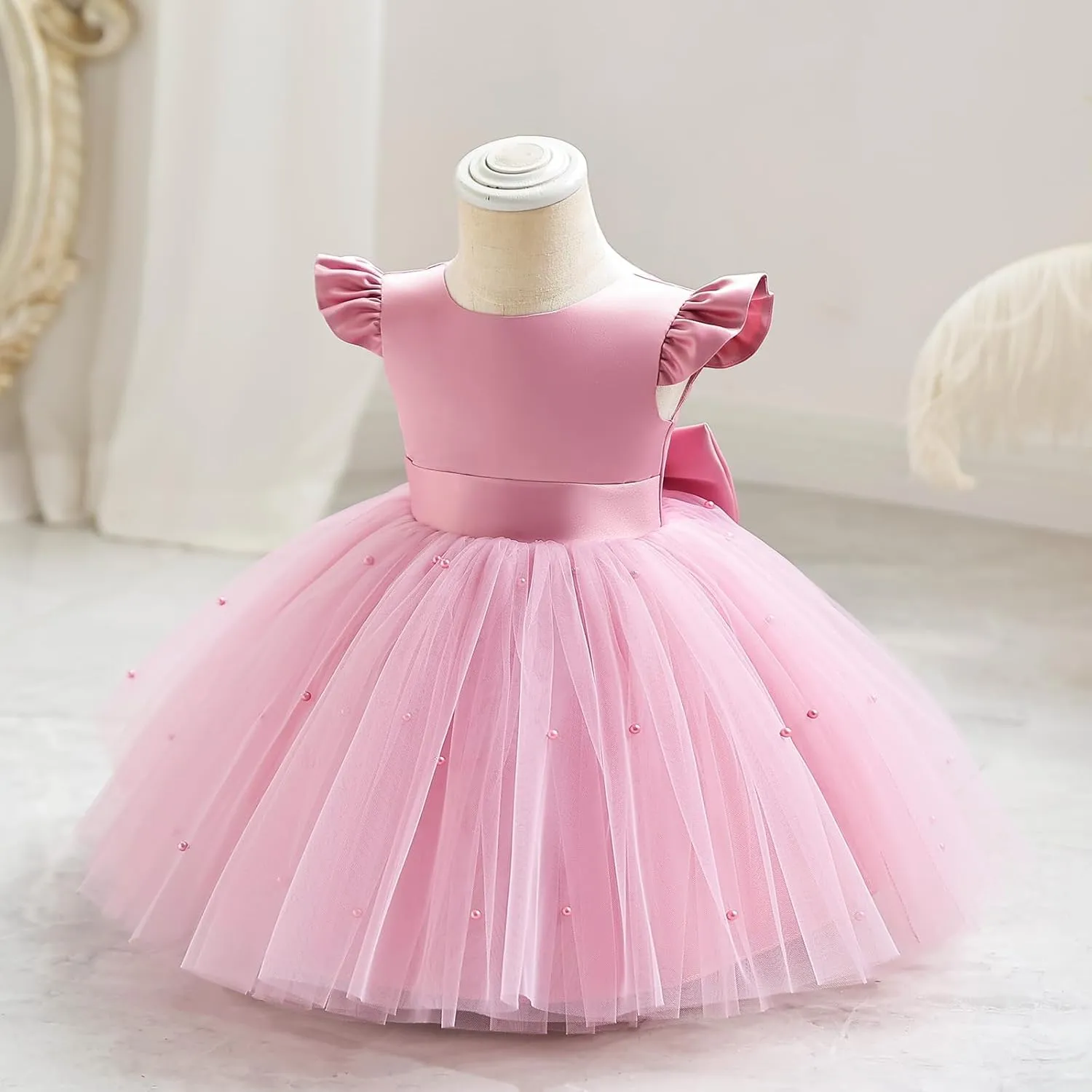 IBTOM CASTLE Infant Baby Flower Girl Dress Satin Pearls Tulle Bowknot Princess Birthday Party Pageant Tutu Dress
