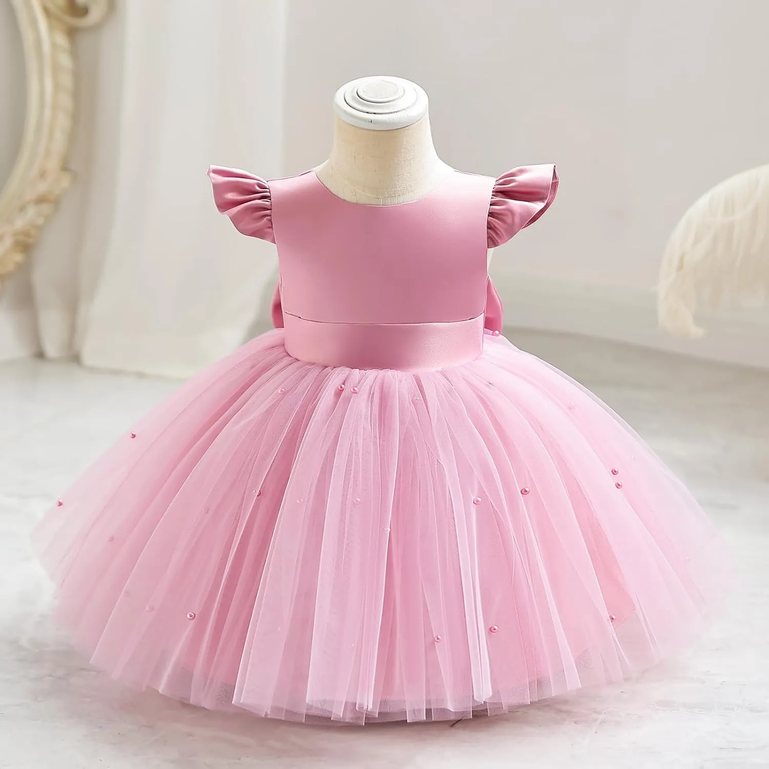 IBTOM CASTLE Infant Baby Flower Girl Dress Satin Pearls Tulle Bowknot Princess Birthday Party Pageant Tutu Dress