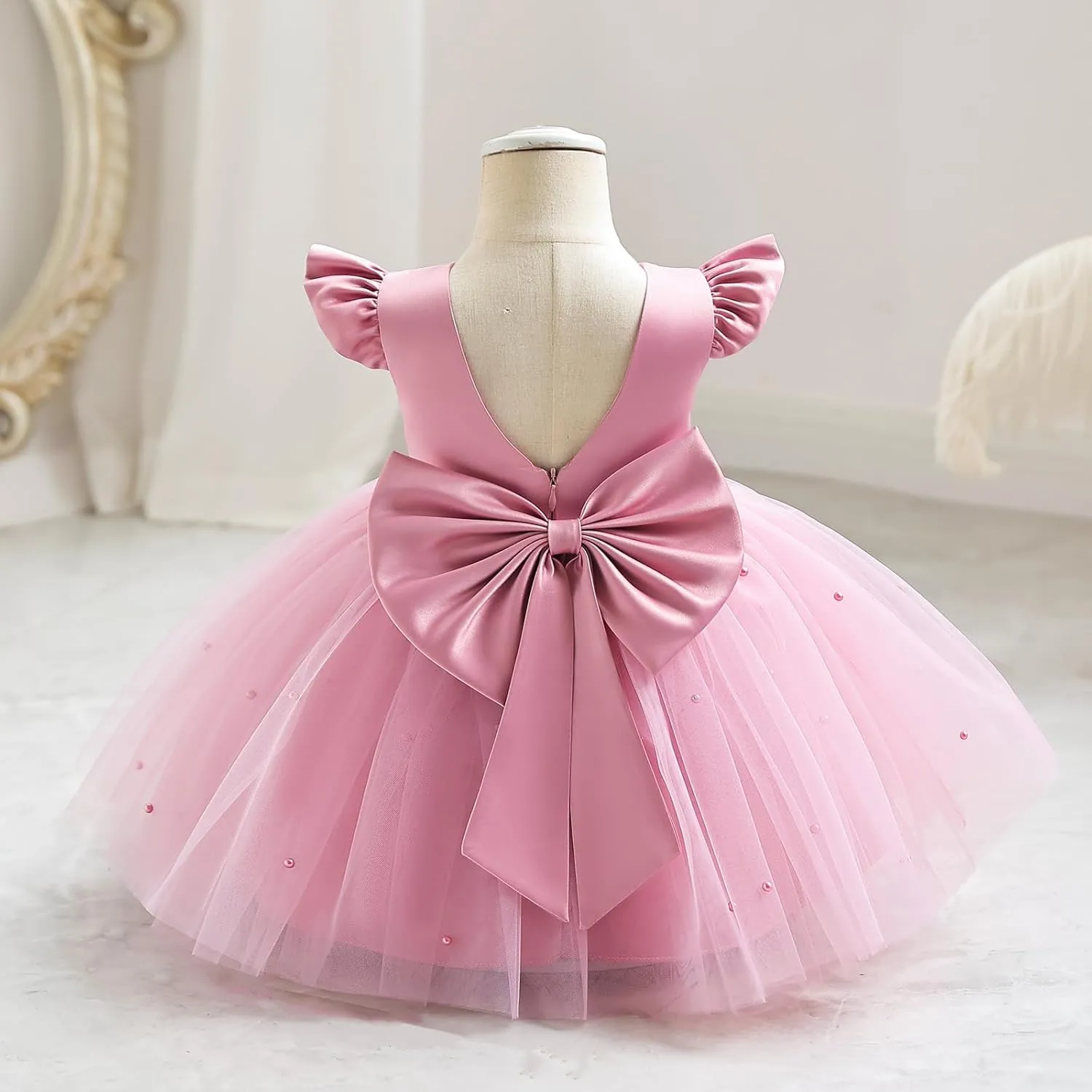 IBTOM CASTLE Infant Baby Flower Girl Dress Satin Pearls Tulle Bowknot Princess Birthday Party Pageant Tutu Dress