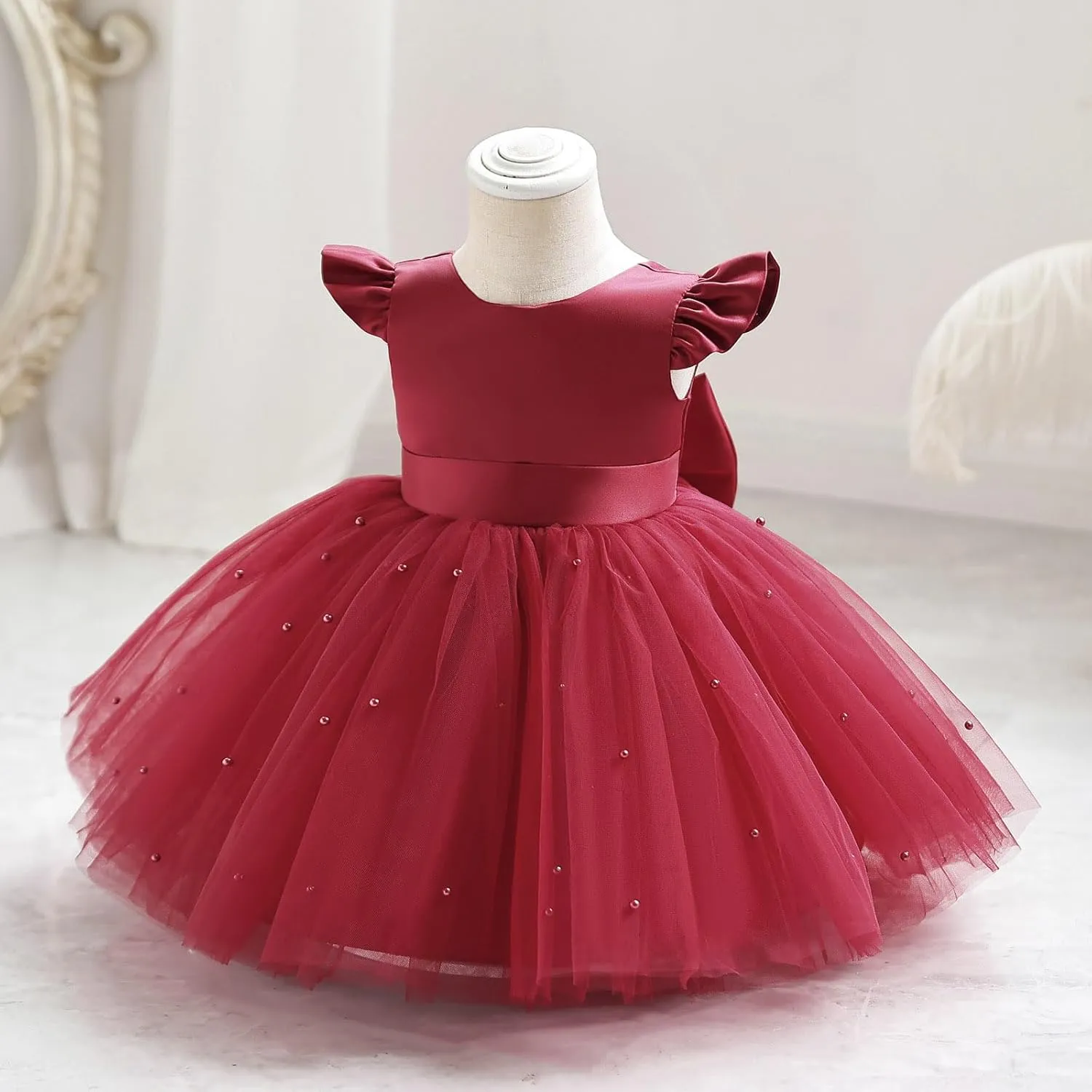 IBTOM CASTLE Infant Baby Flower Girl Dress Satin Pearls Tulle Bowknot Princess Birthday Party Pageant Tutu Dress