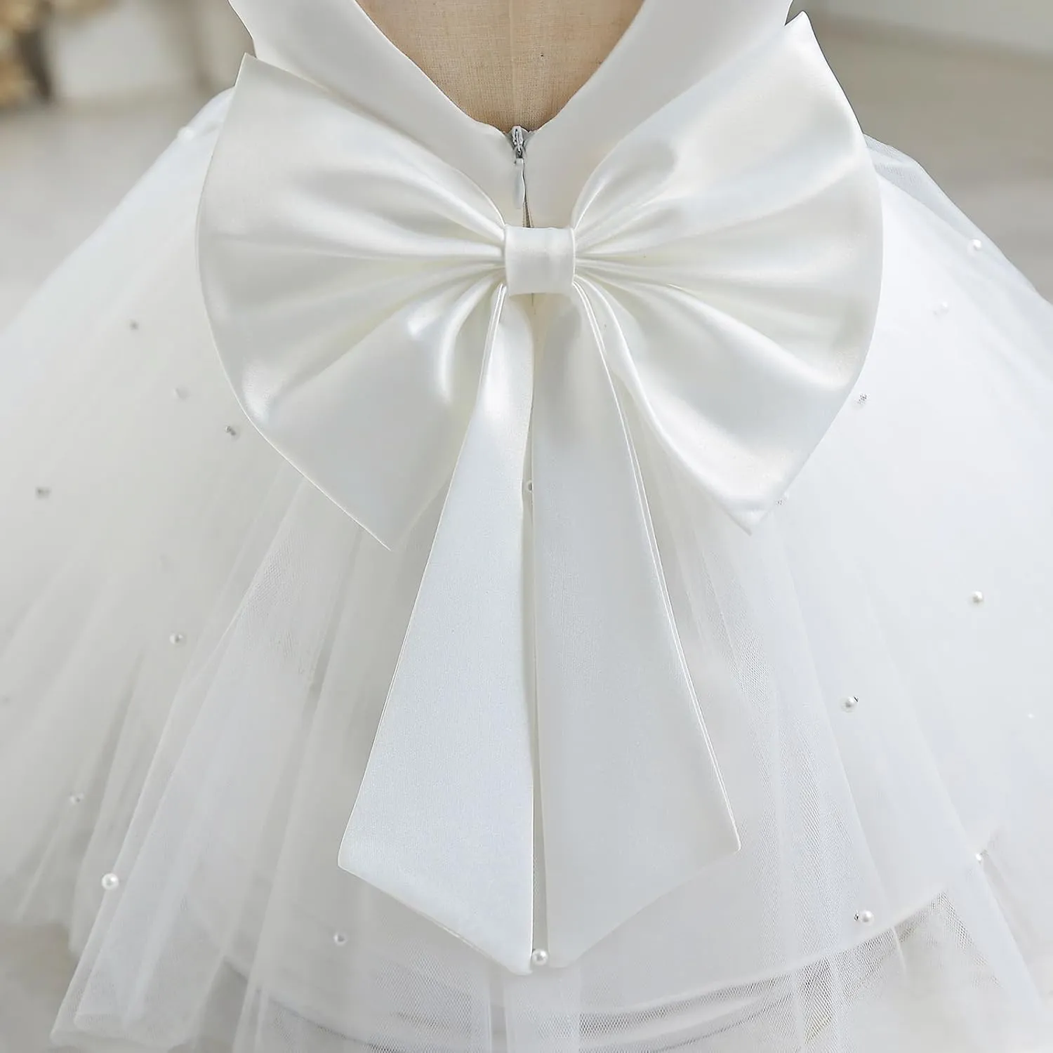 IBTOM CASTLE Infant Baby Flower Girl Dress Satin Pearls Tulle Bowknot Princess Birthday Party Pageant Tutu Dress