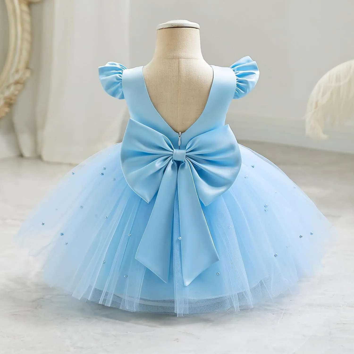 IBTOM CASTLE Infant Baby Flower Girl Dress Satin Pearls Tulle Bowknot Princess Birthday Party Pageant Tutu Dress