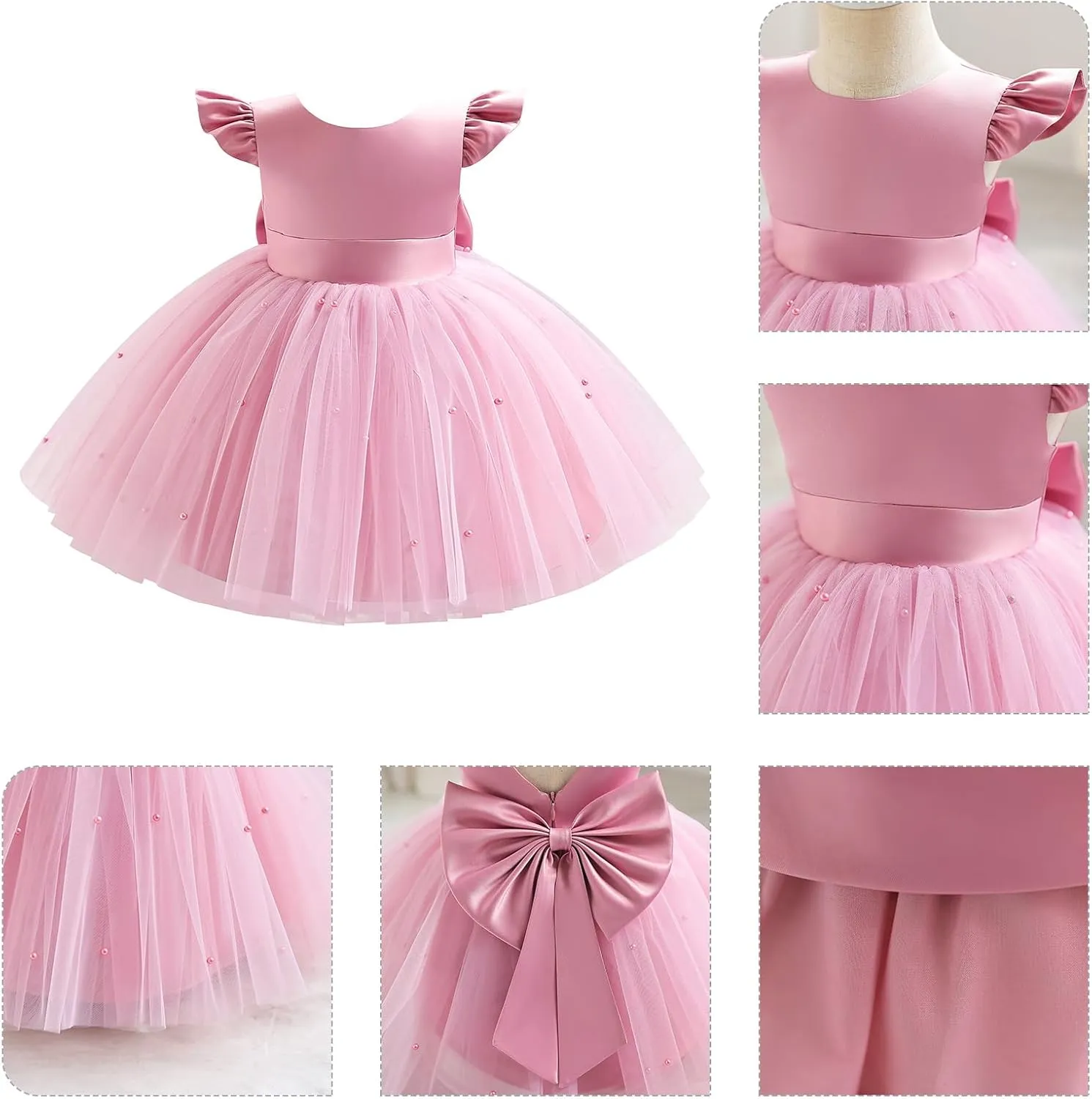 IBTOM CASTLE Infant Baby Flower Girl Dress Satin Pearls Tulle Bowknot Princess Birthday Party Pageant Tutu Dress