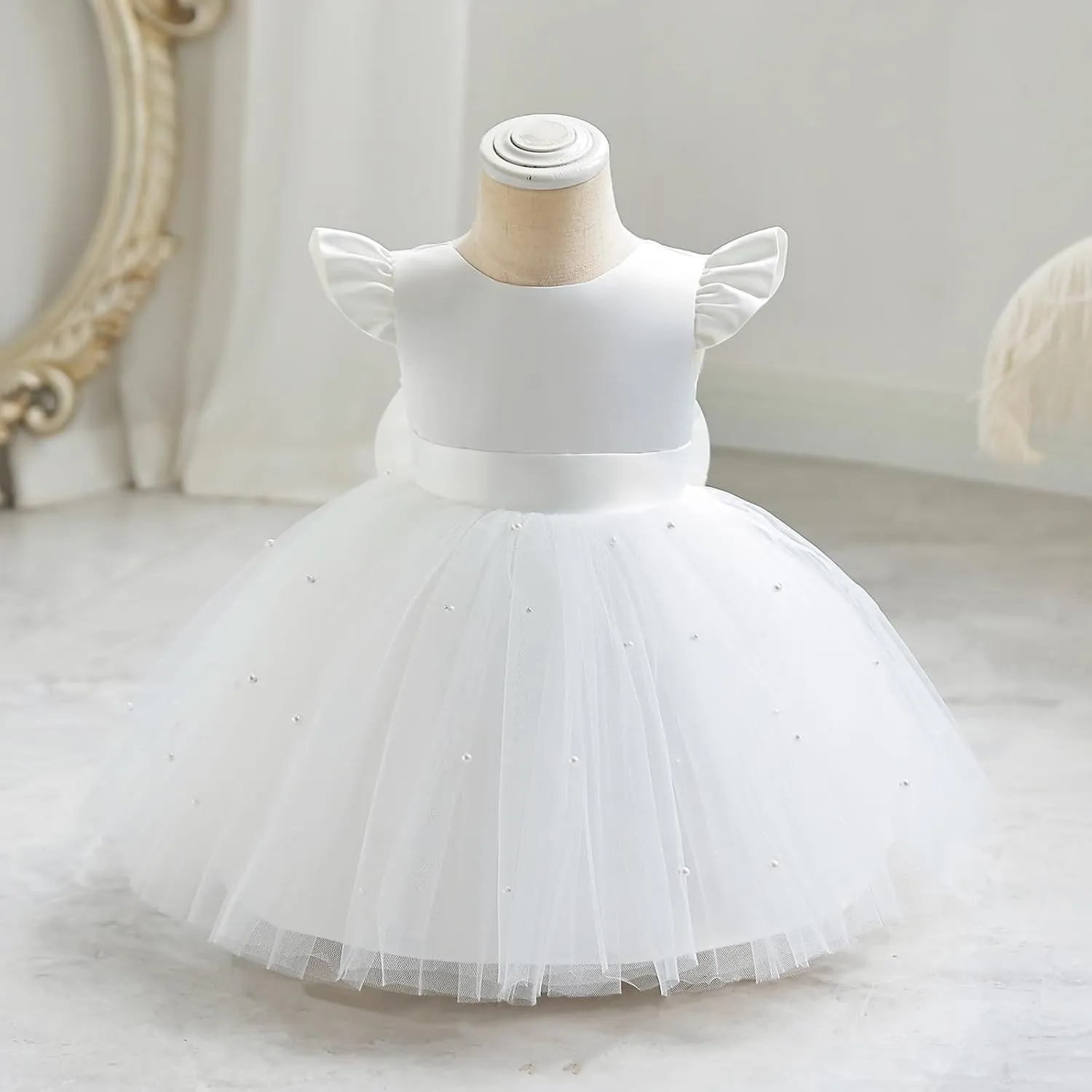 IBTOM CASTLE Infant Baby Flower Girl Dress Satin Pearls Tulle Bowknot Princess Birthday Party Pageant Tutu Dress