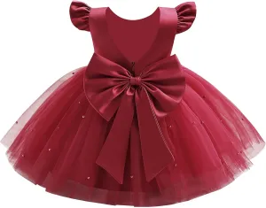 IBTOM CASTLE Infant Baby Flower Girl Dress Satin Pearls Tulle Bowknot Princess Birthday Party Pageant Tutu Dress