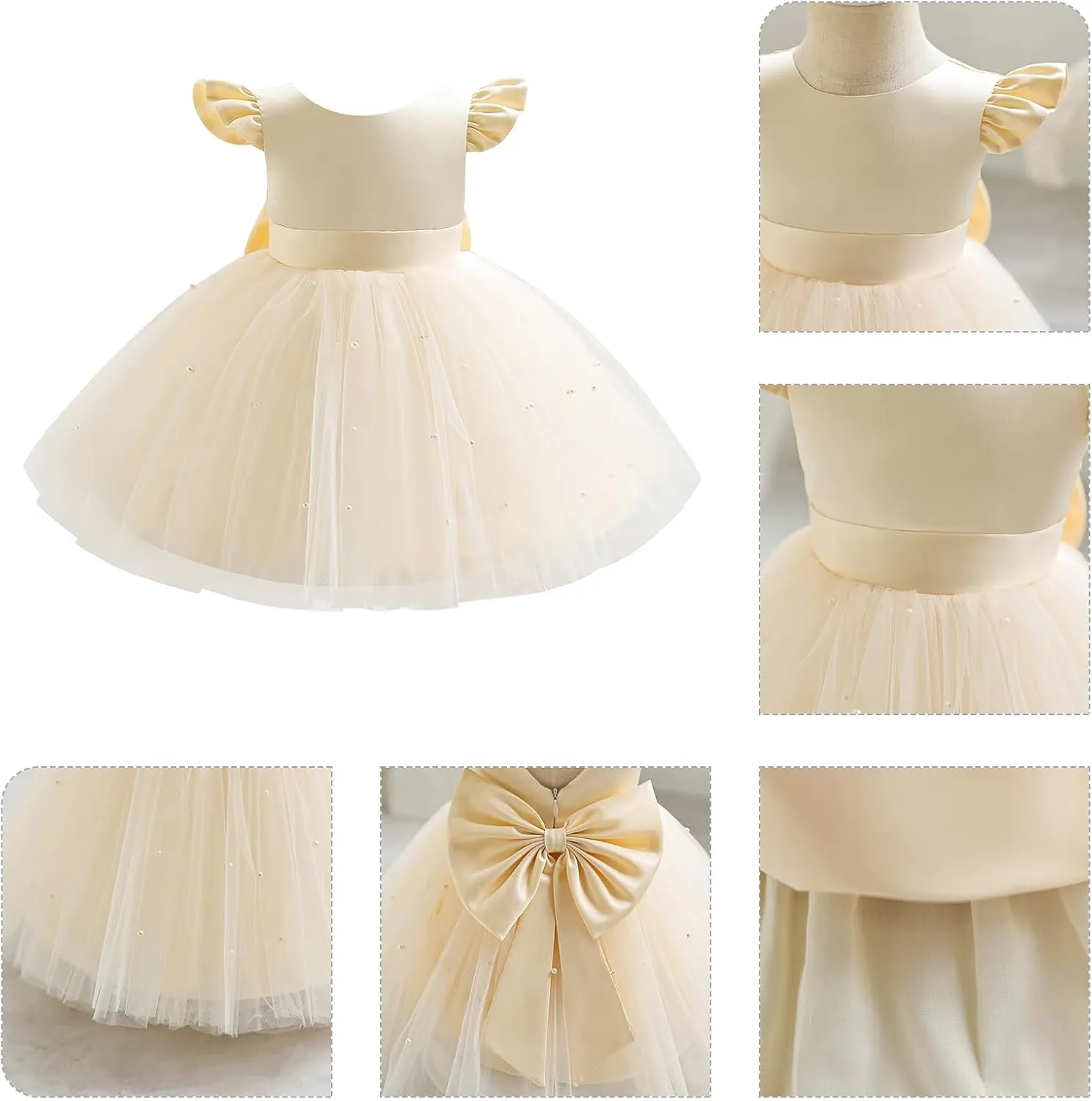 IBTOM CASTLE Infant Baby Flower Girl Dress Satin Pearls Tulle Bowknot Princess Birthday Party Pageant Tutu Dress
