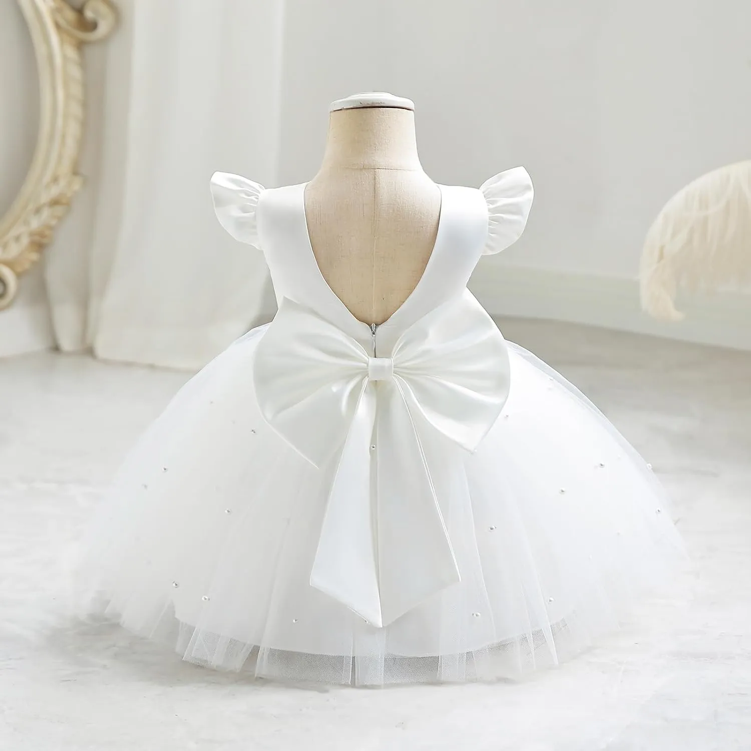 IBTOM CASTLE Infant Baby Flower Girl Dress Satin Pearls Tulle Bowknot Princess Birthday Party Pageant Tutu Dress
