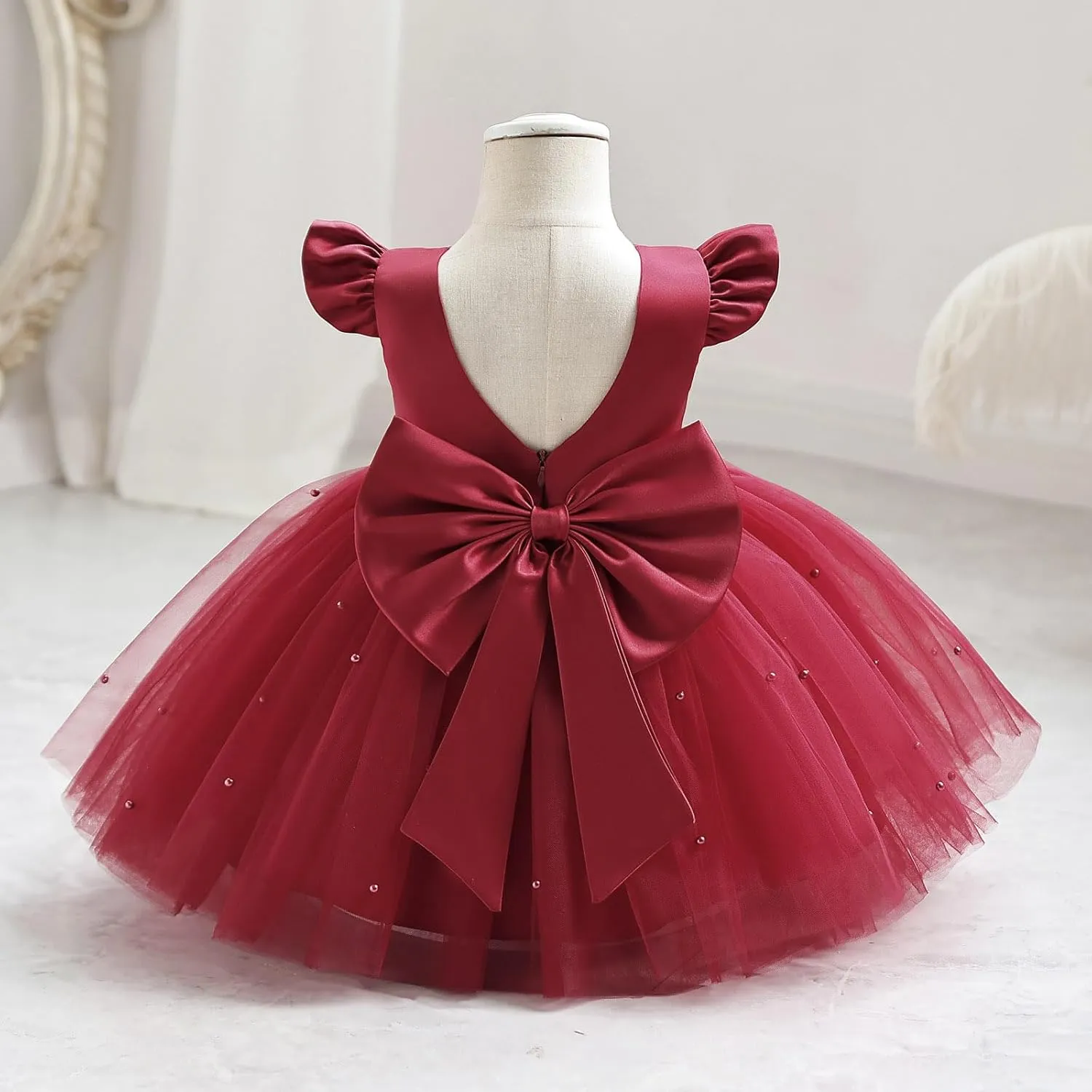 IBTOM CASTLE Infant Baby Flower Girl Dress Satin Pearls Tulle Bowknot Princess Birthday Party Pageant Tutu Dress